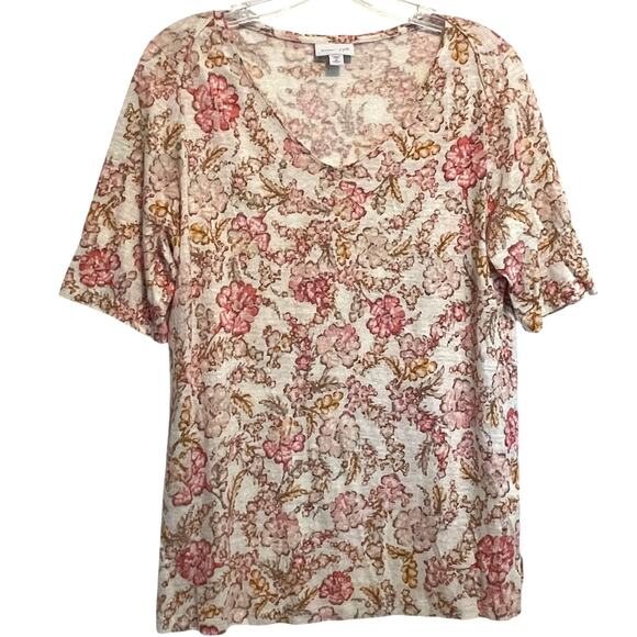 J. Jill Love Linen Floral Tee Womens Medium Ivory & Pink V-Neck Casual Top - Picture 1 of 7